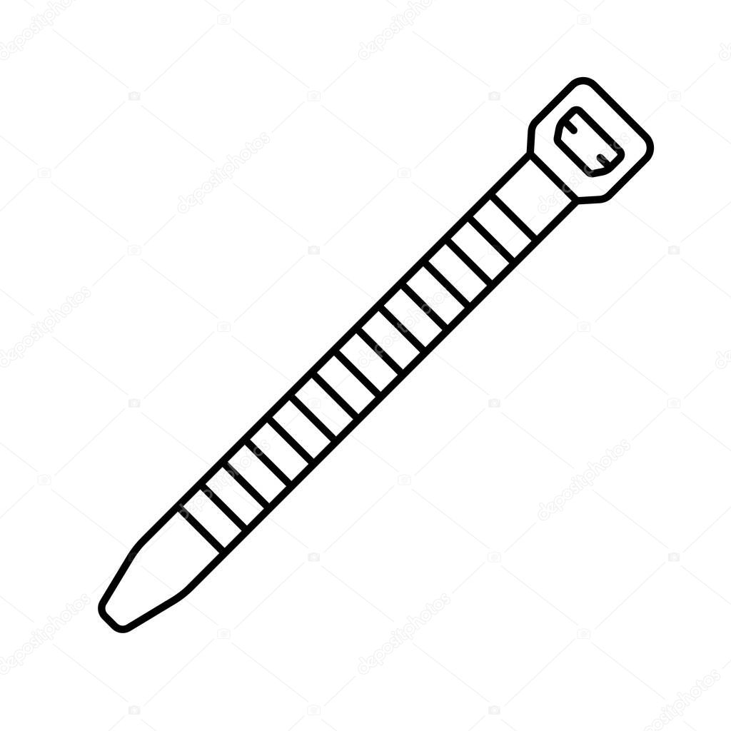 Cable tie icon. Linear logo of building materials. Black simple illustration for professional electrical goods. Contour isolated vector image on white background. Long straight strip of plastic