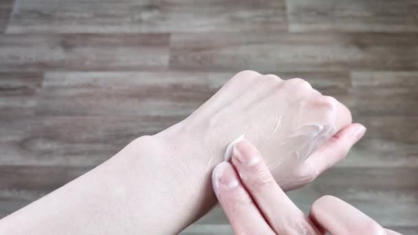 Cream Rubbed White Female Hands Moisturizing Skin Lotion Home Body — Stock Video