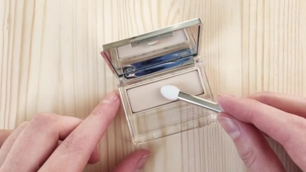 Beige Eyeshadow Brush Open Makeup Palette White Female Hands Manicure — Stock Video