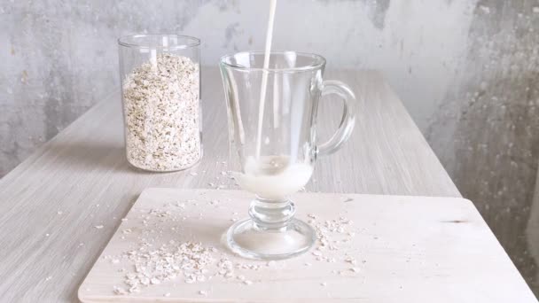 Oat Milk Transparent Cup Handle Oatmeal Jar Vegan Alternative Cow — Stock Video