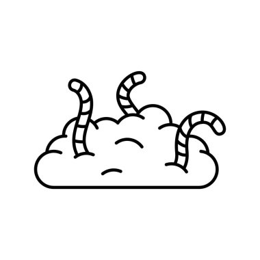 Kurtlu toprak yığını. Kompost doğrusal simgesi, organik atık. Bahçe işleri için toprak solucanları olan toprak yığını veya tümseğinin siyah vektör çizimi. Beyaz arkaplanda izole edilmiş vektörü birleştir