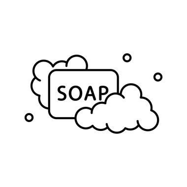 Köpüklü köpüklü metinli sabun. El yıkamanın önemi için amblem. Sabunlu doğrusal simge. Temizleyici ve kişisel hijyen ürünlerinin siyah çizimi. Beyaz arkaplanda izole edilmiş vektörü birleştir