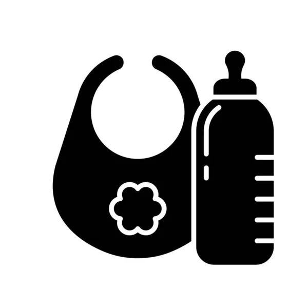 Silhouette Milchflasche Baby Lätzchen Mit Blume Umrisssymbol Des Zubringers Schwarze — Stockvektor