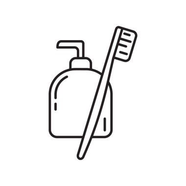 Diş fırçası ikonlu sıvı diş macunu. Kişisel bakım ürünleri için ince çizgili sanat şablonu. Siyah ve beyaz basit bir illüstrasyon. Beyaz arkaplana el ile izole edilmiş vektör görüntüsü çizildi