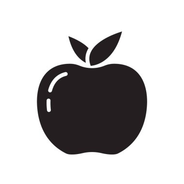 Siluet elmalı ya da yapraklı şeftalili. Meyve çiftliğinin logosunun taslağı. Siyah ve beyaz basit bir illüstrasyon. Düz el, beyaz arkaplana izole edilmiş vektör görüntüsü çizdi. Vitamin yiyeceği.