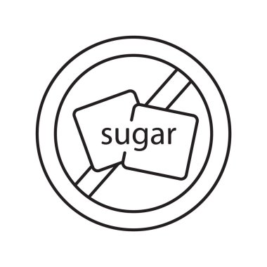 Şekersiz ikon. Şekersiz yiyecek etiketi için ince bir sanat şablonu. Siyah ve beyaz basit bir illüstrasyon. Beyaz arkaplanda izole edilmiş vektör görüntüsünü göster. Metinli yuvarlak logo