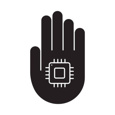 Çip implant ikonlu siluet elli. Elektronik teknoloji logosu için taslak simgesi. Siyah basit bir illüstrasyon. Beyaz arkaplanda düz yalıtılmış vektör görüntüsü. Avuçta mikroçip