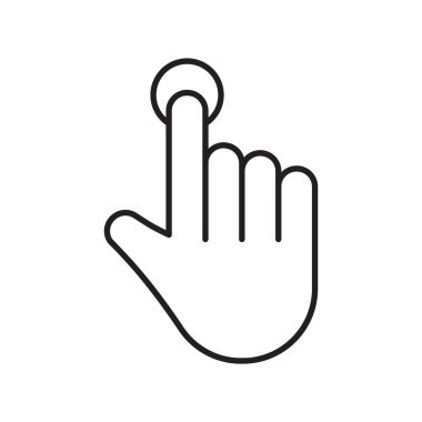 Sağ el simgesi. Dokunma kontrol logosu için doğrusal resim. Siyah basit bir illüstrasyon. Beyaz arkaplanda izole edilmiş vektör görüntüsünü göster. İşaret parmağı yuvarlak düğmeye ya da ekrana basar. Seçim sembolü, oy