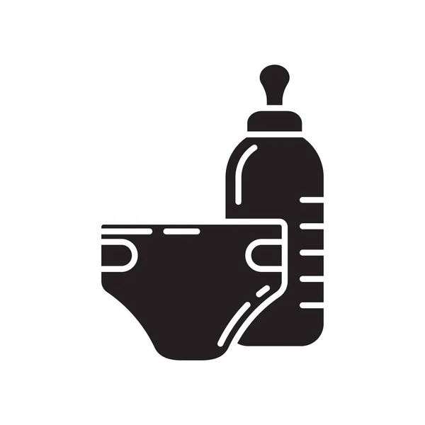 カットアウトシルエットのおむつや乳首アイコンとベビーボトル ロゴのアウトラインテンプレート 白黒のシンプルなイラスト 白い背景に手描きのアイソレートベクトル画像 — ストックベクタ