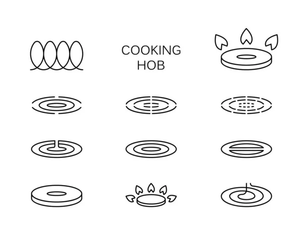 キッチンホブの種類のセット ガスや電気ストーブのための線形アイコン 黒のシンプルなイラスト 白い背景にアイソレートベクトル画像を輪郭 ガラスセラミック ハロゲン 誘導体のシンボル — ストックベクタ