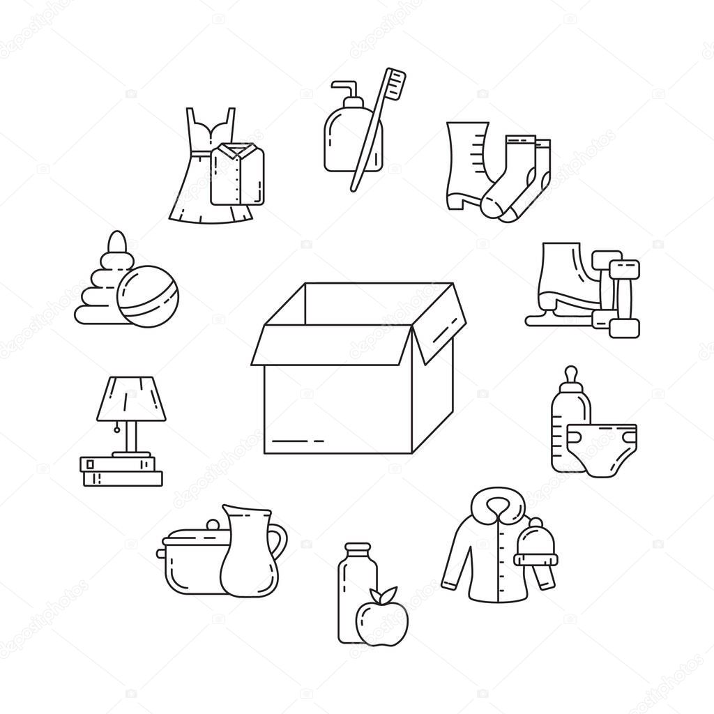 Moving, storage, charity concept. Round linear poster. Black illustration. Set of contour isolated vector icons on white background. Donation emblem with packing box, clothes, toys, shoes, food stuffs