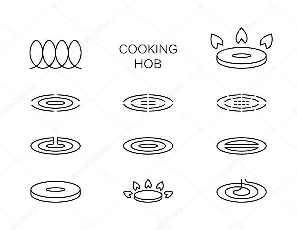 Set of types of kitchen hobs. Linear icon for gas and electric stoves. Black simple illustration. Contour isolated vector image on white background. Symbol of glass ceramic, halogen, induction
