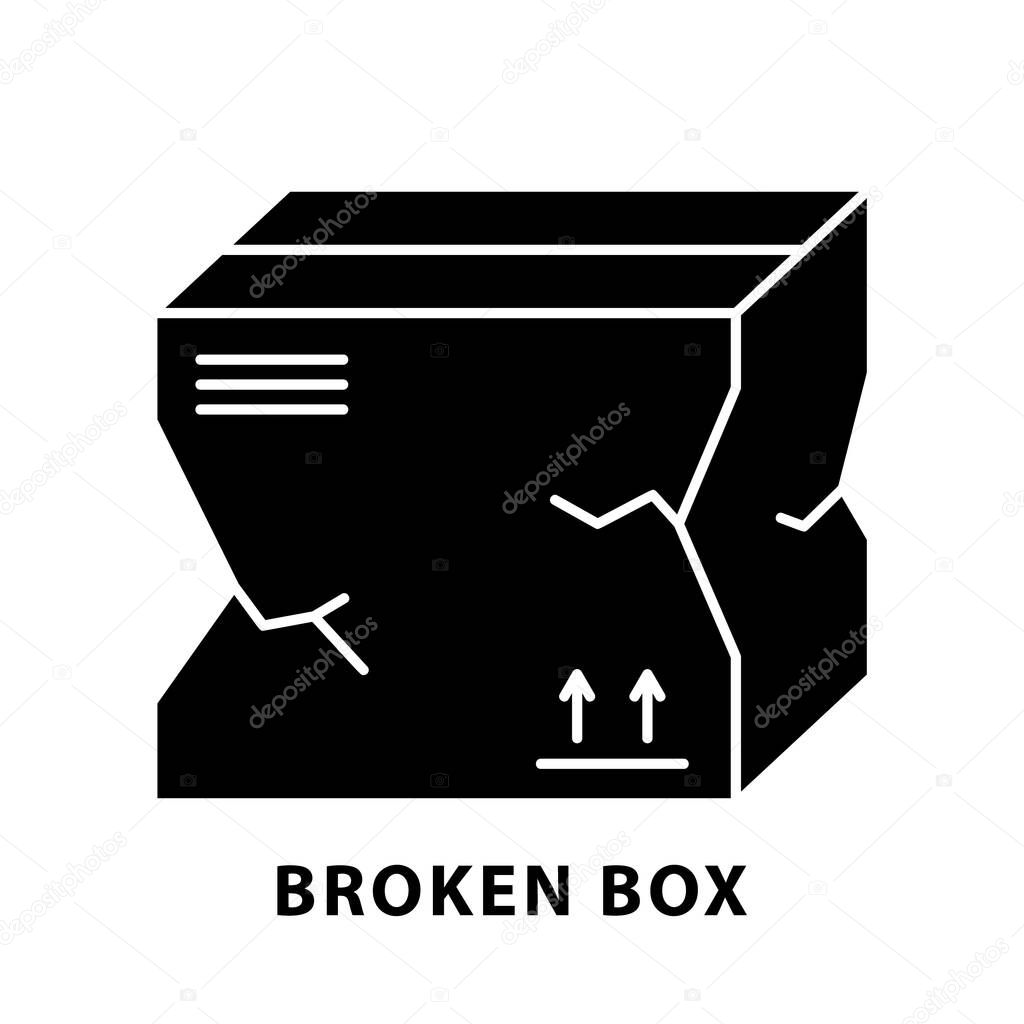 Cutout silhouette Broken package box icon. Outline template for delivery logo. Black illustration of problems with transportation and storage of goods. Flat isolated vector image on white background