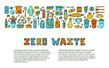 Sıfır metin atığı olan yatay afiş, izole edilmiş simgeler karala. Web sitesi, makale, broşür ve poster için çok renkli çizimler. Beyaz arkaplanda çizgi sanat vektörü piktogramları