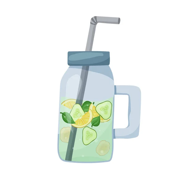 瓶装清澈的水可以减肥 健康的独立饮料 平面食物向量图解 卡通手绘解毒鸡尾酒 梅森罐装柠檬黄瓜生姜白底薄荷糖 — 图库矢量图片