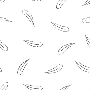 Kusursuz kontur vektör deseni. Yumuşaklık, uçma ve hayvan temasının resmedilmesi için özet kıvrımlı tüyleri olan bir arka plan. Kumaş, ambalaj ve duvar kağıtları için basit bir tasarım. Satır sanat şablonu