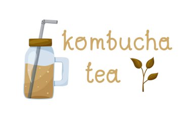 Saplı bardak, kapaklı, saman ve içki. Kombu çayı harfleri. Pankart için basit bir vektör illüstrasyonu. El çizimi süper yemek posteri. Antioksidan Çin çayı.