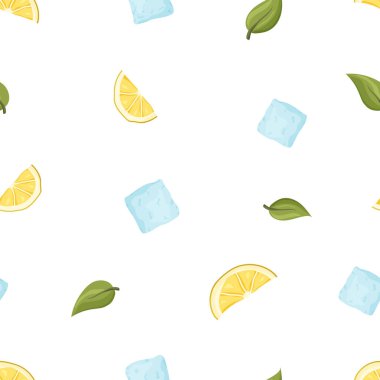 Renksiz vektör deseni. Limon dilimleri, buz küpleri, beyaz arka planda nane yaprakları. Düz gıda çizimi. Çizgi film el yapımı kokteyl malzemeleri. Yazdırma, tekstil, kağıt, ambalaj için tasarım