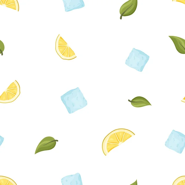 Farbnahtloses Vektormuster Zitronenscheiben Eiswürfel Minzblätter Auf Weißem Hintergrund Flache Nahrungsmittel — Stockvektor
