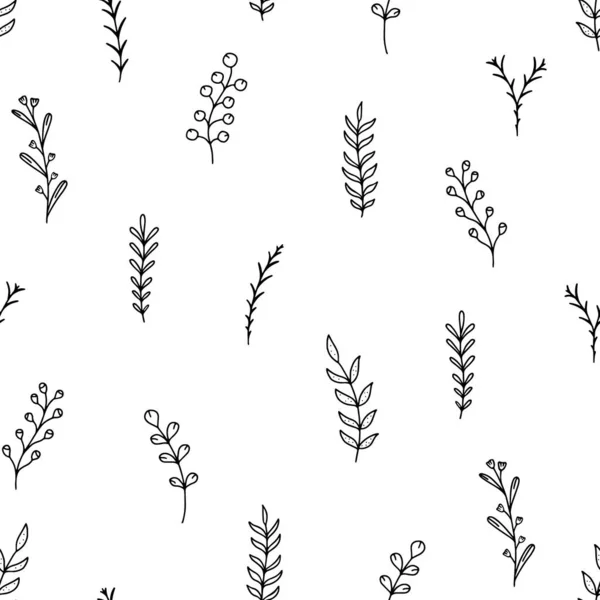Doodle Naadloos Botanisch Patroon Schets Vectorillustratie Verschillende Contourkruiden Witte Ondergrond — Stockvector