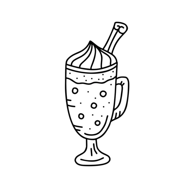 环游鸡尾酒图标 高杯奶昔加奶油和肉桂手绘卡通画 白色背景上以涂鸦风格分离的矢量符号 甜酒概述 — 图库矢量图片