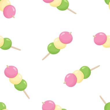 Kusursuz yemek vektör deseni. Beyaz arka planda Japon Dango 'su çizilmiş. Tekstil, duvar kâğıdı, giysi, kağıt, ambalaj için renk düz çizimi. Üç pirinç topu, Asyalı börek.