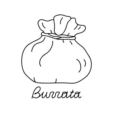 Contour burrata ikonu. Taze peynirin el çizimi karikatürü. İtalyan zarafetinin sembolü, karalama stilinde, harflerle. Beyaz arkaplanda izole vektör işareti