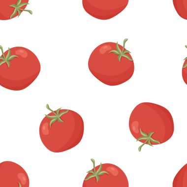 Kusursuz yemek vektör deseni. Çizgi filmdeki el beyaz arka plana kırmızı domates çizmiş. Tekstil, duvar kâğıdı, paket tasarımı için düz çizim. Yeşil yapraklı ve filizli renkli taze sebze