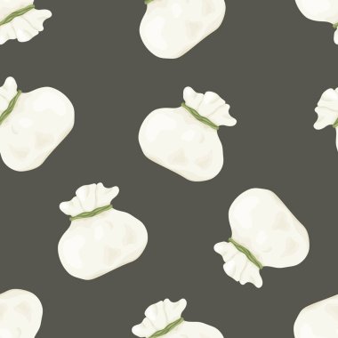 Kusursuz yemek vektör deseni. Çizgi filmdeki el siyah arka planda burrata peyniri topu çizdi. Paket tasarımı için düz çizim. Renkli İtalyan mandası süt ürünü.