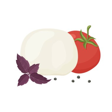 Caprese Salata Seti. İtalyan peynirli mozzarella, bezelye, domates, mor fesleğen. El çizimi karikatür çizimi. Beyaz arkaplandaki izole vektör görüntüsü. Renkli düz konsept poster veya afiş