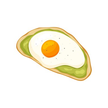 Düz avokado tost ikonu. Sağlıklı kahvaltı ya da atıştırmalığın renkli çizimi. Karikatür dilimi buğday ekmeği, avokado püresi ve karabiber serpilmiş sahanda yumurta. El çizimi vektör besin