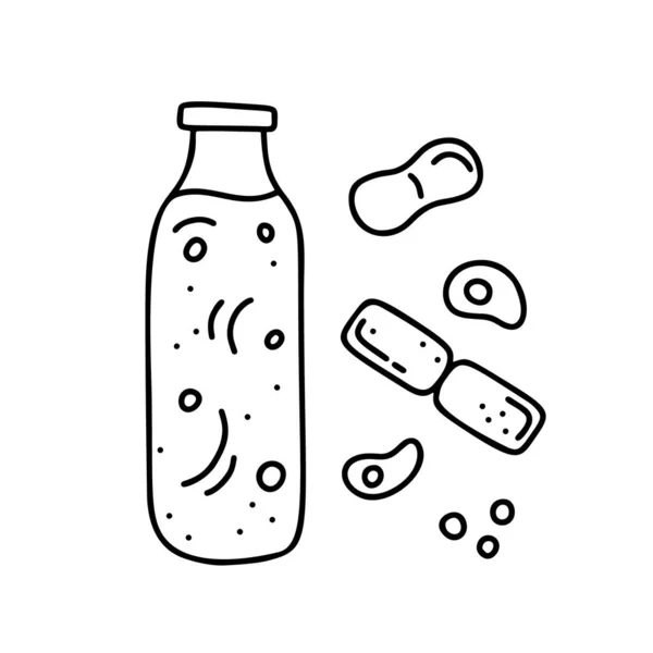 Bouteille Doodle Contour Avec Bactéries Dessin Animé Illustrant Des Boissons — Image vectorielle