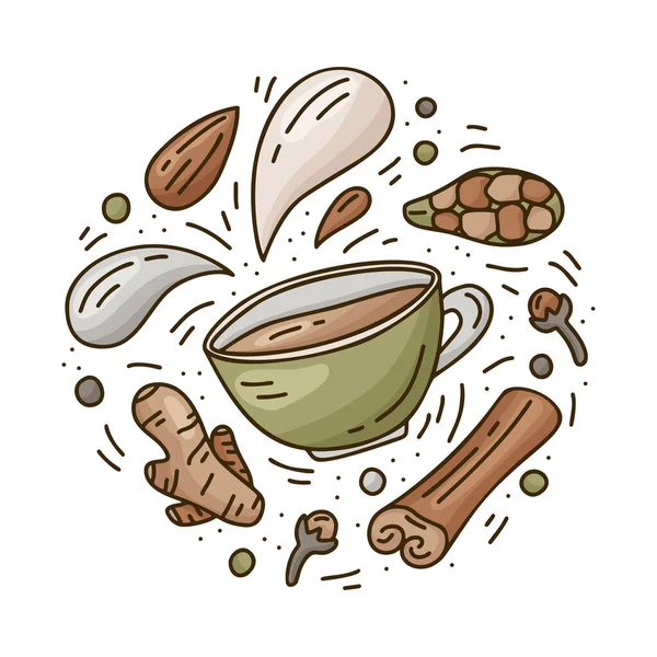 Masala Çayı Kahve Sıcak Çikolata Yuvarlak Karalama Şablonu Çizimi Vektör — Stok Vektör