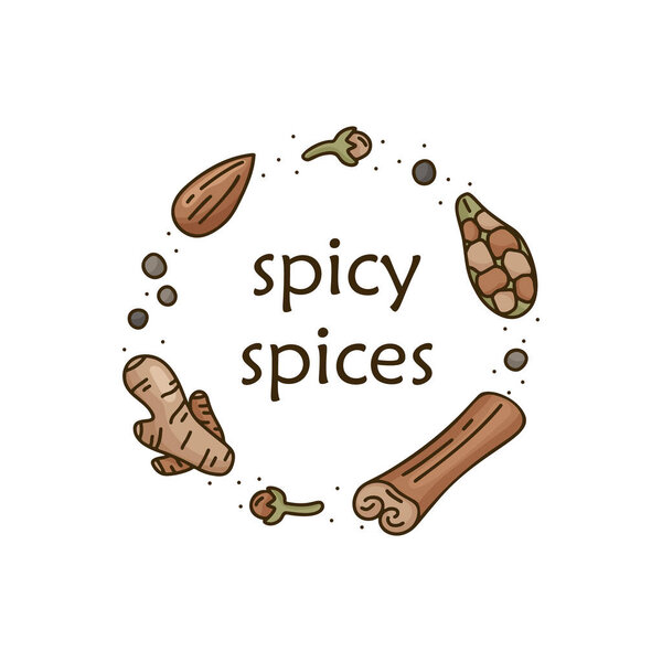 Круглые каракули шаблон пряных специй. Цветная мультяшная корица, имбирь, кардамон, гвоздика, миндаль, черный перец. Концепция векторной пищи ручной работы. Иллюстрация к открытке, плакату, баннеру
