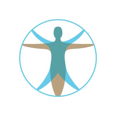 Modern vitruvialı adam. Tıp, bilim ve sağlık için insan figürünün işaretleri daire içine alınmış durumda. Leonardo da Vinci 'nin çiziminin sembolü. Beyaz arkaplanda renk düzlüğü simgesi