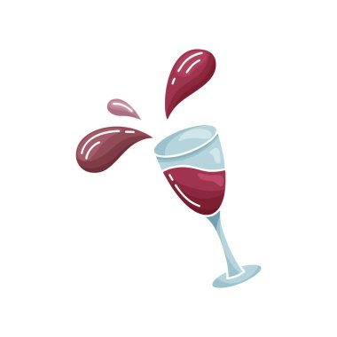 Şarap ve uçan su damlalarıyla eğilmiş camlar. Düz görünümü kes. El yapımı vektör içeceği konsepti. Kırmızı şarabın renkli çizimi. Beyaz arkaplanda izole edilmiş simgeler kümesi