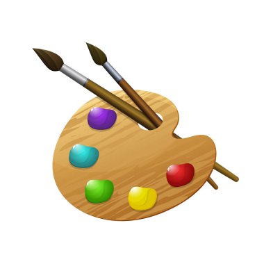 Boyalı ahşap palet, iki fırça. Resim, resim malzemeleri, okul malzemeleri. Yaradılışın sembolü, resim dersleri. Beyaz arkaplanda renk vektörü simgesi