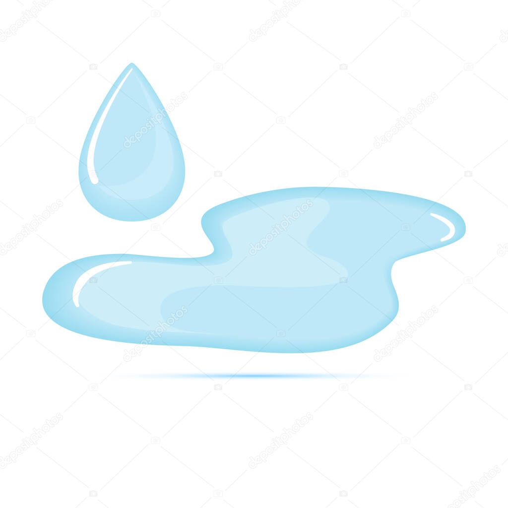 Puddle of water with drop. Illustration for liquid, water, rain and dampness. Cartoon symbol of aqua. Color flat icon, isolated vector on white background