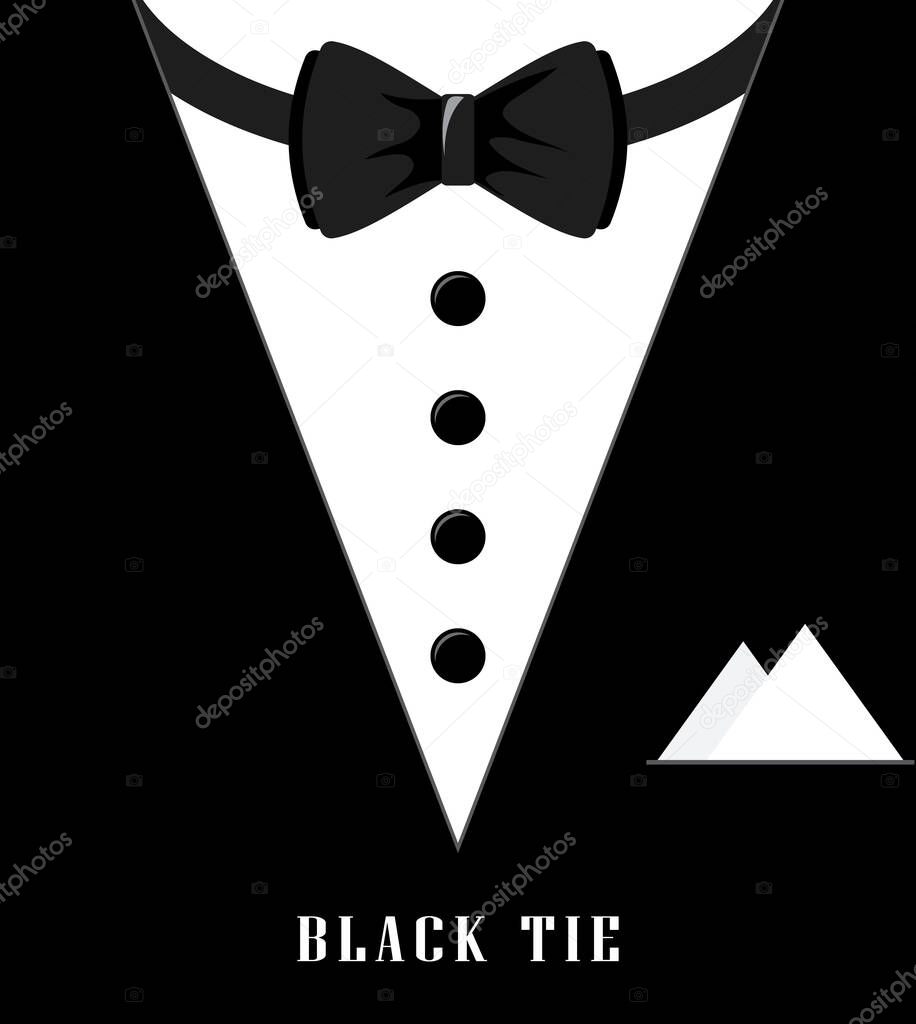 Black and white bow tie tuxedo. Illustration for invitation, business card, postcard to official meeting with dress code. Gentleman or elegance Symbol. Color flat vector background