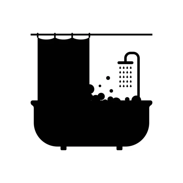 Bañera Con Ducha Cortina Espuma Ilustración Negra Para Baño Plomería — Vector de stock