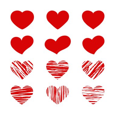 Bir dizi simetrik ve asimetrik kalp, duyguları, sevgiyi ve insan organını göstermek için kuluçkaya yatmış kalpler. Sevgililer Günü 'nün sembolü. Siluet düz simge, beyaz arkaplanda izole vektör