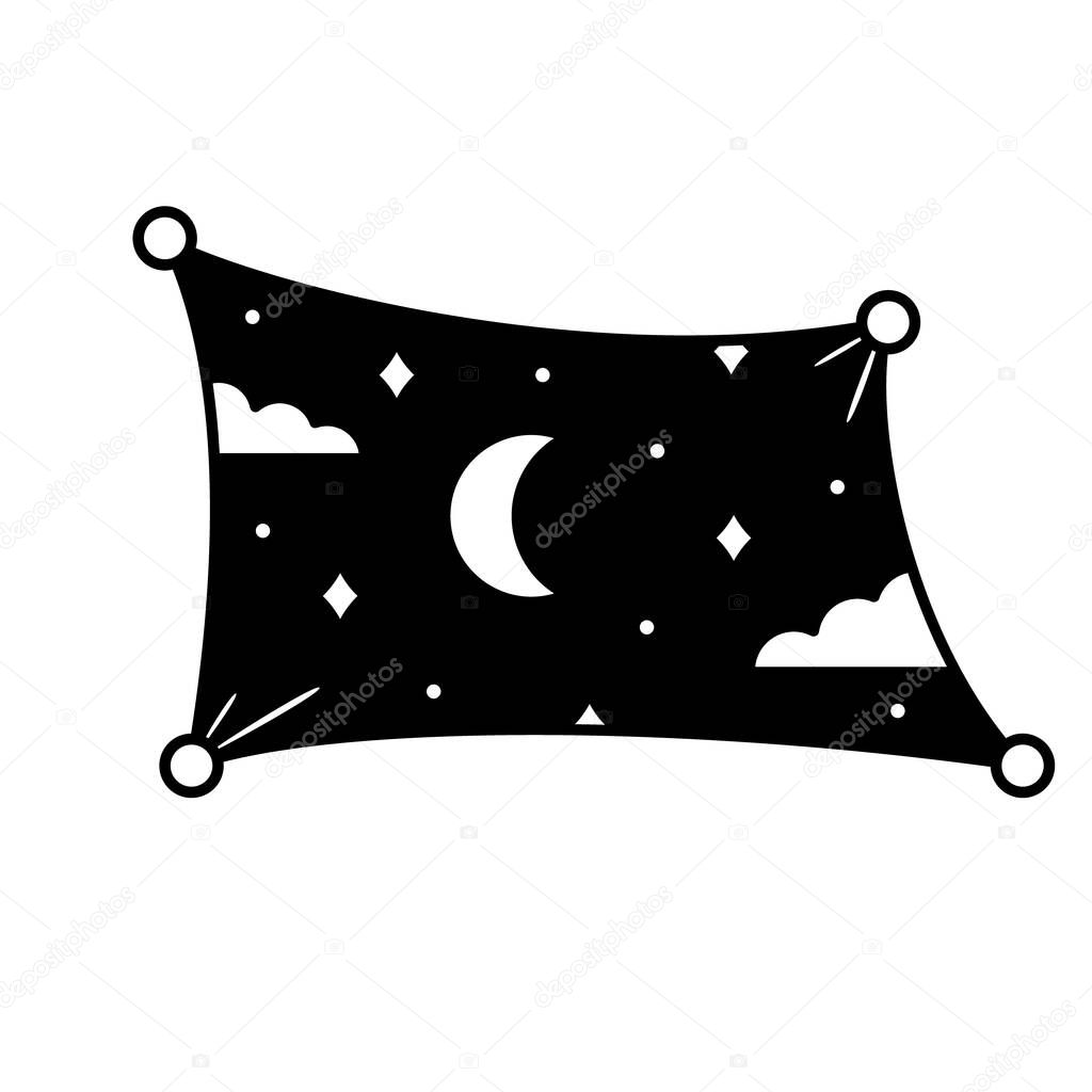 Night sky with moon, stars, clouds. Concept of dark side of mind, expansion of boundaries of consciousness, opening space. Graphic cutout silhouette t-shirt print. Black isolated vector illustration