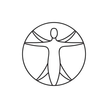 Vitruvialı adamın kontur vektör ikonu. Simetri ve denge için çember içine alınmış insan figürünün işareti. Çizgi sanatı siyah ve beyaz izole amblem. Leonardo resmi