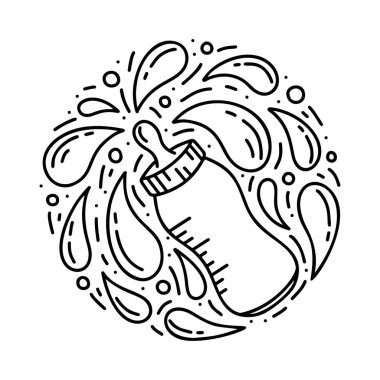 Bebek beslemek için yuvarlak karalama şablonu. Emzik ve damla damlatan çizgi film süt şişesi. El çizimi vektör konsepti. Contour illüstrasyon posteri. Siyah beyaz etiket veya etiket