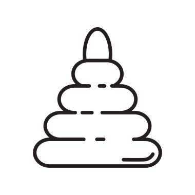 Oyuncak piramit ikonu. Çocuk oyunları için ince bir sanat şablonu. Siyah ve beyaz basit bir illüstrasyon. Beyaz arkaplana el ile izole edilmiş vektör görüntüsü çizildi