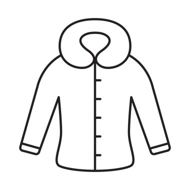 Kapüşonlu ya da kürk yakalı bir ceket. Kışlık giysiler için ince bir sanat şablonu. Siyah beyaz çizim. Beyaz arkaplana el ile izole edilmiş vektör görüntüsü çizildi