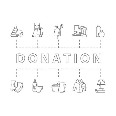 Yatay bağış posteri. Doğrusal simgeleri ve metni olan hayırseverlik afişi. Siyah beyaz çizimi. İzole edilmiş vektör elementleri kümesi. Verilecek eşyalar: yiyecek, giyecek, oyuncak, ayakkabı