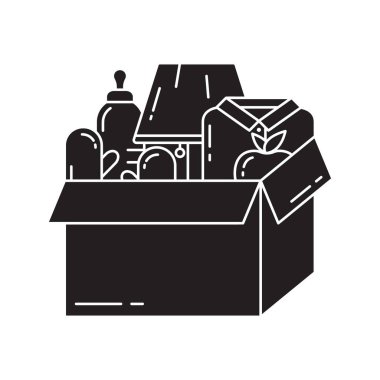 Siluet bağış kutusu ikonu. Giysiler, yemek, eşyalar. Sıralama, paketleme, depolama, ulaşım, teslimat, alışveriş konsepti. Taslak logo. Siyah beyaz çizimi. Düz izole vektör resmi