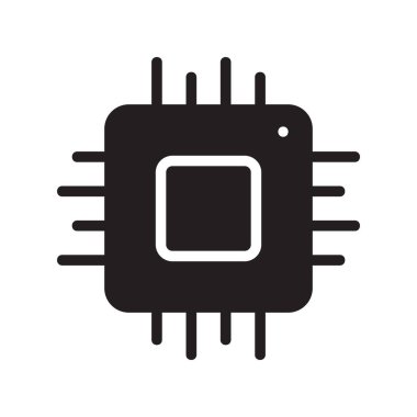 Silüet mikroçip simgesini kes. Dijital elektronik teknolojinin taslağı. Siyah basit bir illüstrasyon. Beyaz arkaplanda düz yalıtılmış vektör görüntüsü. Yüksek teknoloji ve anakart sembolü
