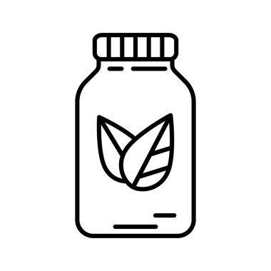 Homeopatik tıp ikonu. Alternatif terapi için doğrusal logo. Kavanozun iki yapraklı basit resmi. Beyaz arkaplanda izole edilmiş vektör görüntüsünü göster. Doğu eğilimi